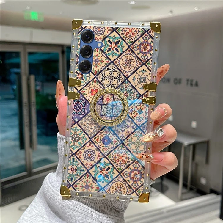 For Samsung Galaxy S25 Case Ethnic Style Pattern Electroplating TPU + PC Phone Cover with Kickstand - 4#