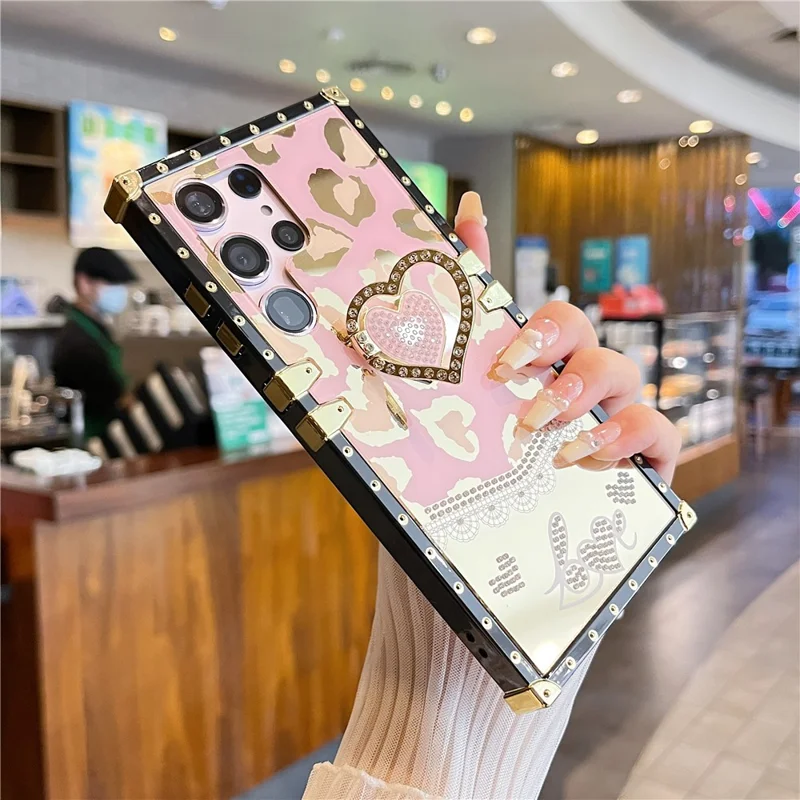 For Samsung Galaxy S25 Ultra Case Heart Pattern Electroplating TPU + PC Phone Cover with Kickstand - Pink