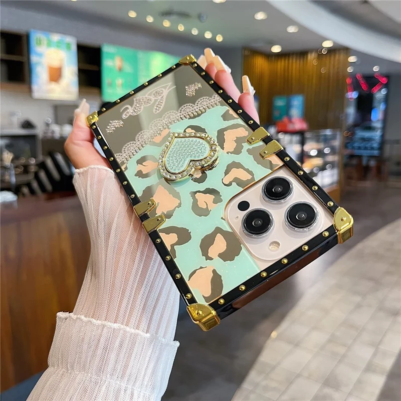 For iPhone 16 Pro Max Case Heart Pattern Electroplating TPU + PC Phone Cover with Kickstand - Lake Blue