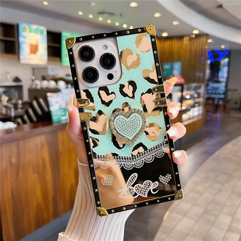 For iPhone 16 Pro Max Case Heart Pattern Electroplating TPU + PC Phone Cover with Kickstand - Lake Blue