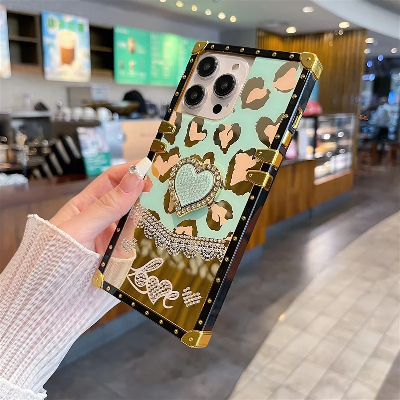 For iPhone 16 Pro Max Case Heart Pattern Electroplating TPU + PC Phone Cover with Kickstand - Lake Blue