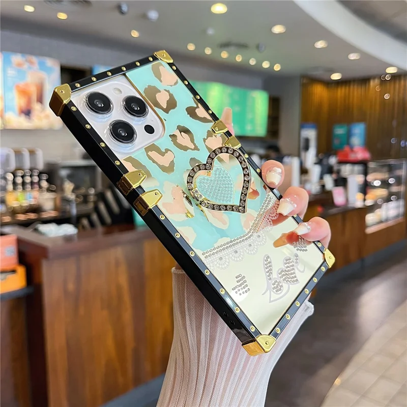 For iPhone 16 Pro Max Case Heart Pattern Electroplating TPU + PC Phone Cover with Kickstand - Lake Blue