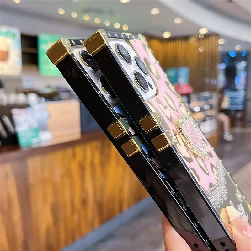 For iPhone 16 Pro Max Case Heart Pattern Electroplating TPU + PC Phone Cover with Kickstand - Lake Blue