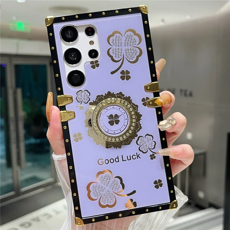 For Samsung Galaxy S24 Ultra Case with Kickstand Four Leaf Clover Pattern Electroplating TPU + PC Phone Cover - Purple