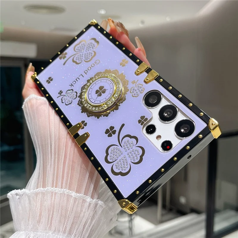 For Samsung Galaxy S24 Ultra Case with Kickstand Four Leaf Clover Pattern Electroplating TPU + PC Phone Cover - Purple