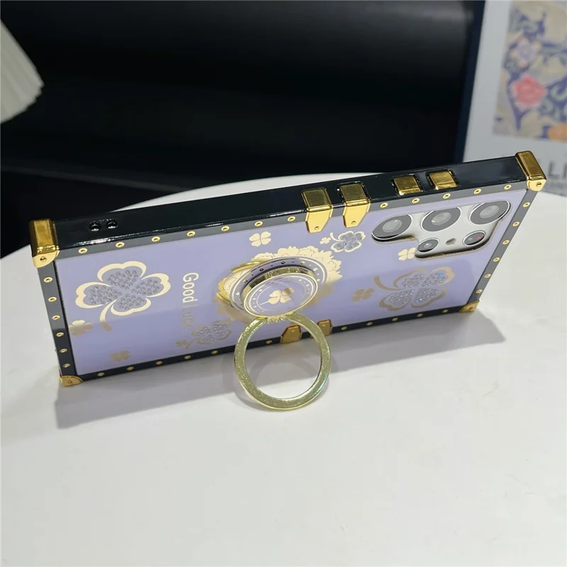 For Samsung Galaxy S24 Ultra Case with Kickstand Four Leaf Clover Pattern Electroplating TPU + PC Phone Cover - Purple