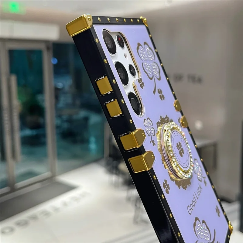 For Samsung Galaxy S24 Ultra Case with Kickstand Four Leaf Clover Pattern Electroplating TPU + PC Phone Cover - Purple