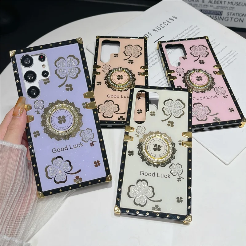 For Samsung Galaxy S24 Ultra Case with Kickstand Four Leaf Clover Pattern Electroplating TPU + PC Phone Cover - Purple