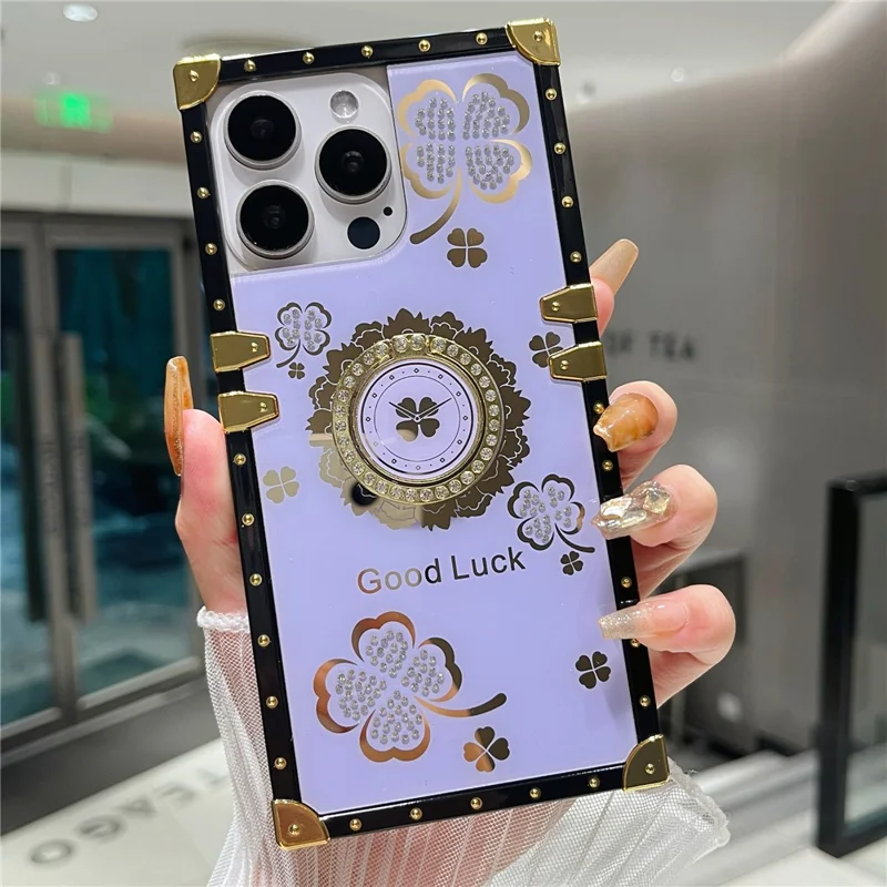 For iPhone 16 Pro Case with Kickstand Four Leaf Clover Pattern Electroplating TPU + PC Phone Cover - Purple