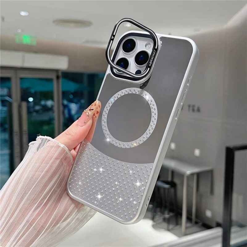 For iPhone 16 Pro Max Magnetic Case Mirror Surface TPU+PC Phone Cover with Lens Frame Kickstand - Silver