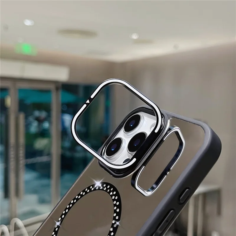 For iPhone 16 Pro Max Magnetic Case Mirror Surface TPU+PC Phone Cover with Lens Frame Kickstand - Silver