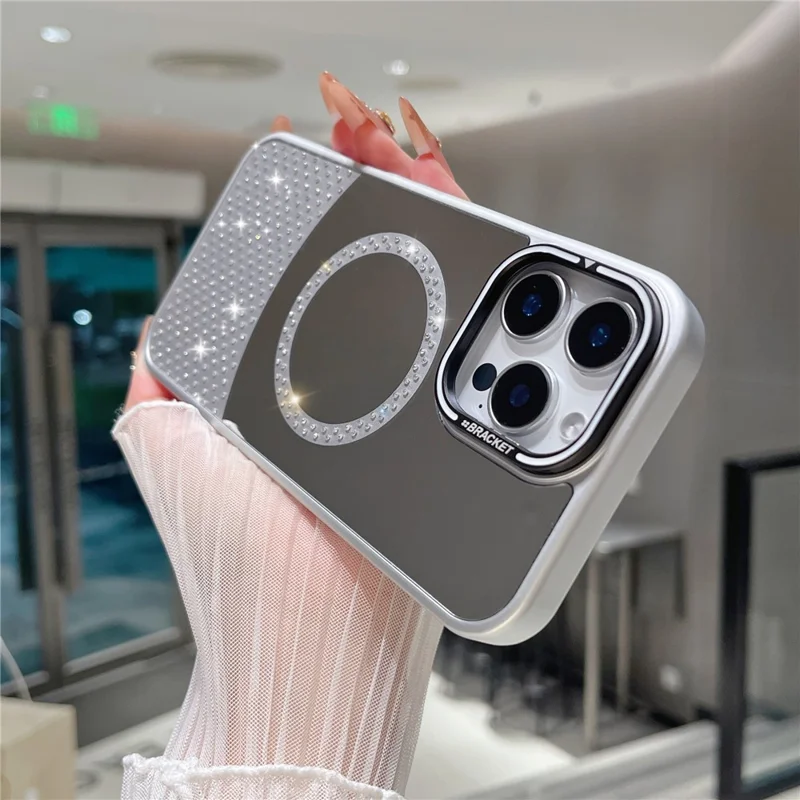 For iPhone 16 Pro Max Magnetic Case Mirror Surface TPU+PC Phone Cover with Lens Frame Kickstand - Silver