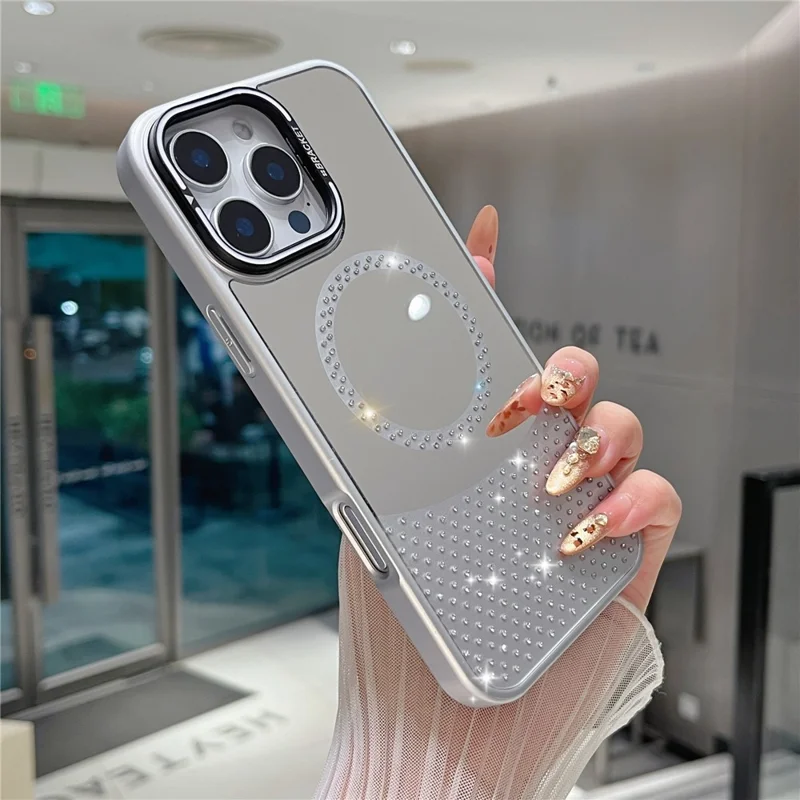 For iPhone 16 Pro Max Magnetic Case Mirror Surface TPU+PC Phone Cover with Lens Frame Kickstand - Silver