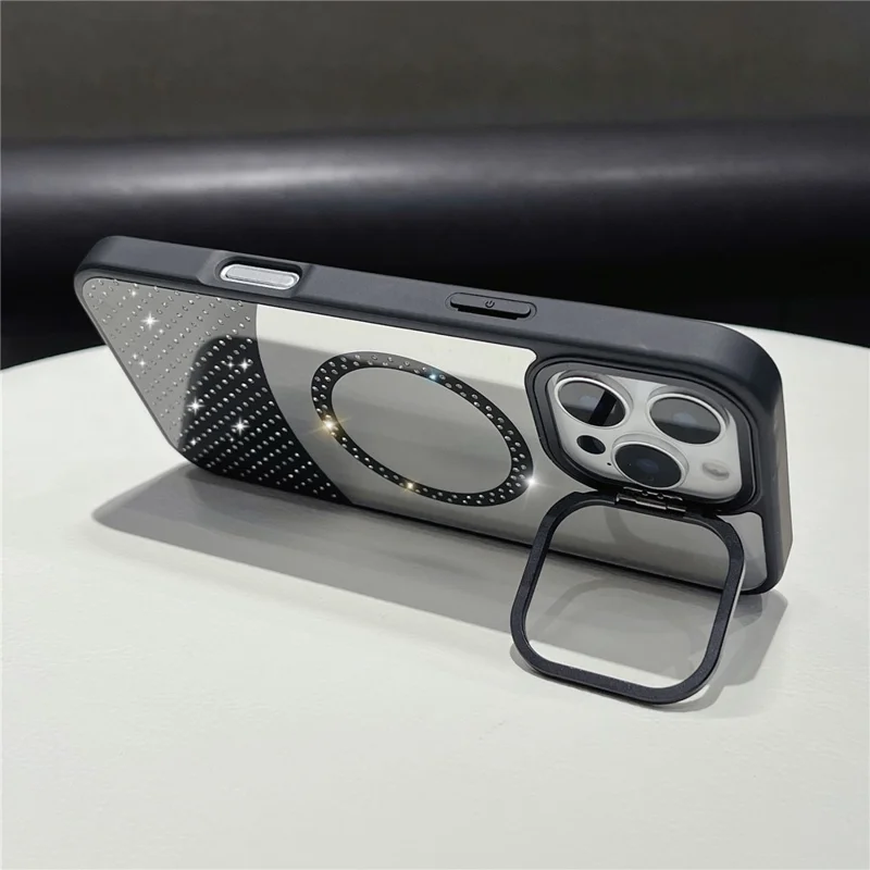 For iPhone 16 Pro Max Magnetic Case Mirror Surface TPU+PC Phone Cover with Lens Frame Kickstand - Silver