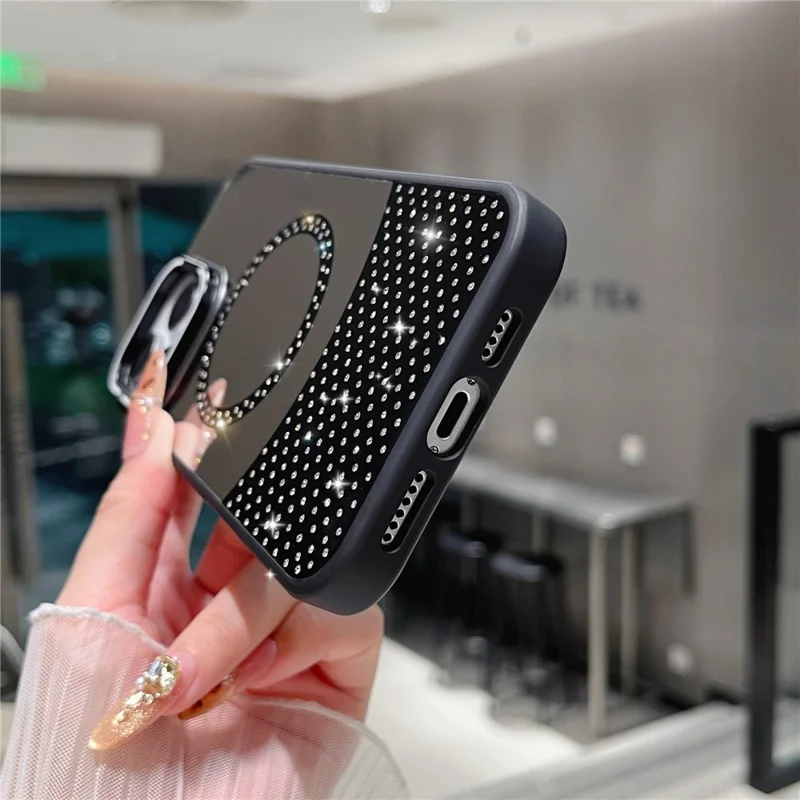 For iPhone 16 Pro Max Magnetic Case Mirror Surface TPU+PC Phone Cover with Lens Frame Kickstand - Silver