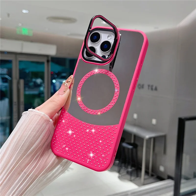 For iPhone 16 Pro Max Magnetic Case Mirror Surface TPU+PC Phone Cover with Lens Frame Kickstand - Rose