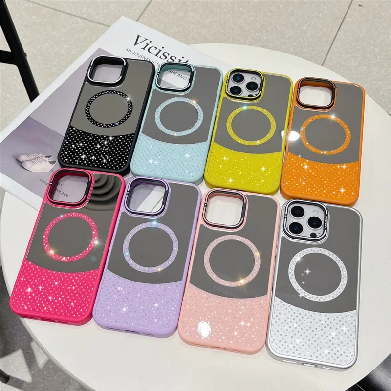 For iPhone 16 Pro Max Magnetic Case Mirror Surface TPU+PC Phone Cover with Lens Frame Kickstand - Rose