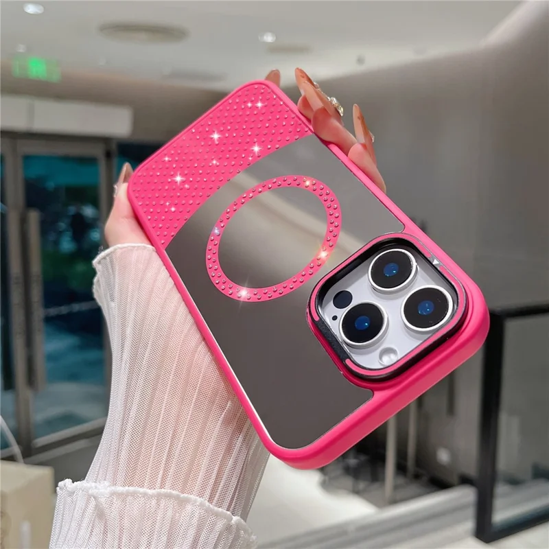 For iPhone 16 Pro Max Magnetic Case Mirror Surface TPU+PC Phone Cover with Lens Frame Kickstand - Rose