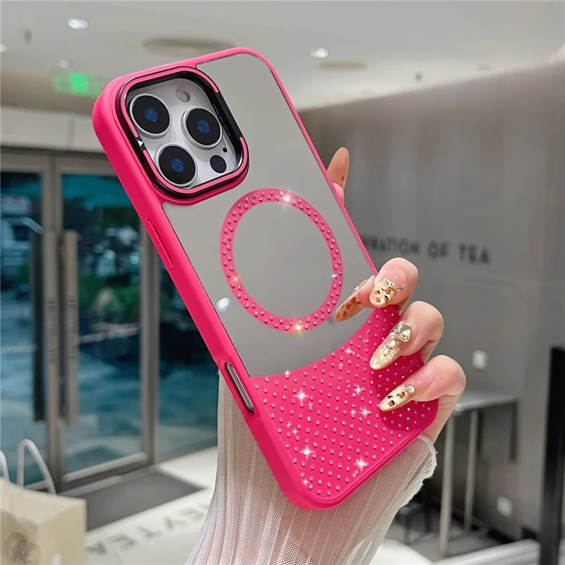 For iPhone 16 Pro Max Magnetic Case Mirror Surface TPU+PC Phone Cover with Lens Frame Kickstand - Rose