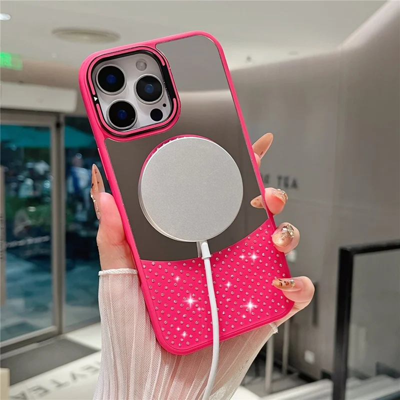 For iPhone 16 Pro Max Magnetic Case Mirror Surface TPU+PC Phone Cover with Lens Frame Kickstand - Rose