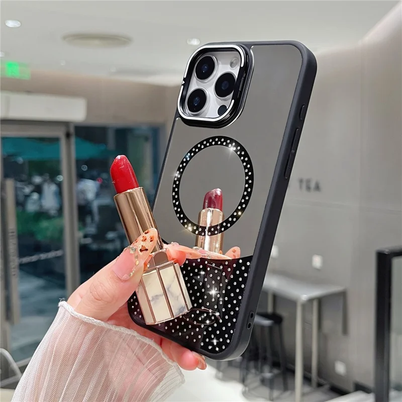 For iPhone 16 Pro Max Magnetic Case Mirror Surface TPU+PC Phone Cover with Lens Frame Kickstand - Rose