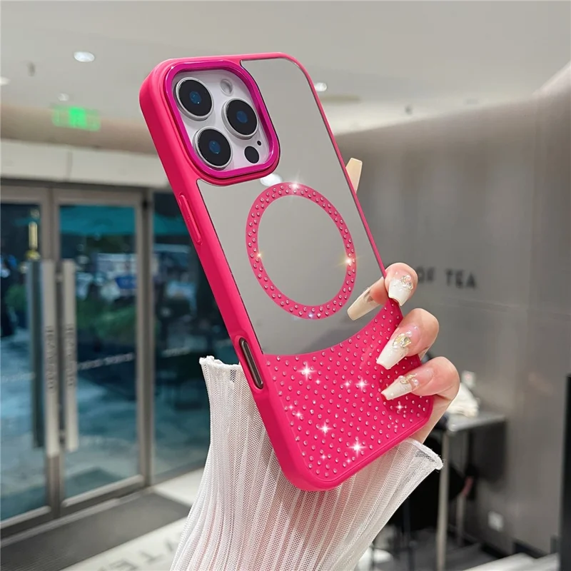 For iPhone 16 Pro Max Magnetic Case Mirror Surface TPU + PC Shockproof Phone Cover - Rose