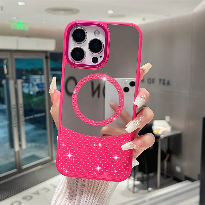 For iPhone 16 Pro Max Magnetic Case Mirror Surface TPU + PC Shockproof Phone Cover - Rose