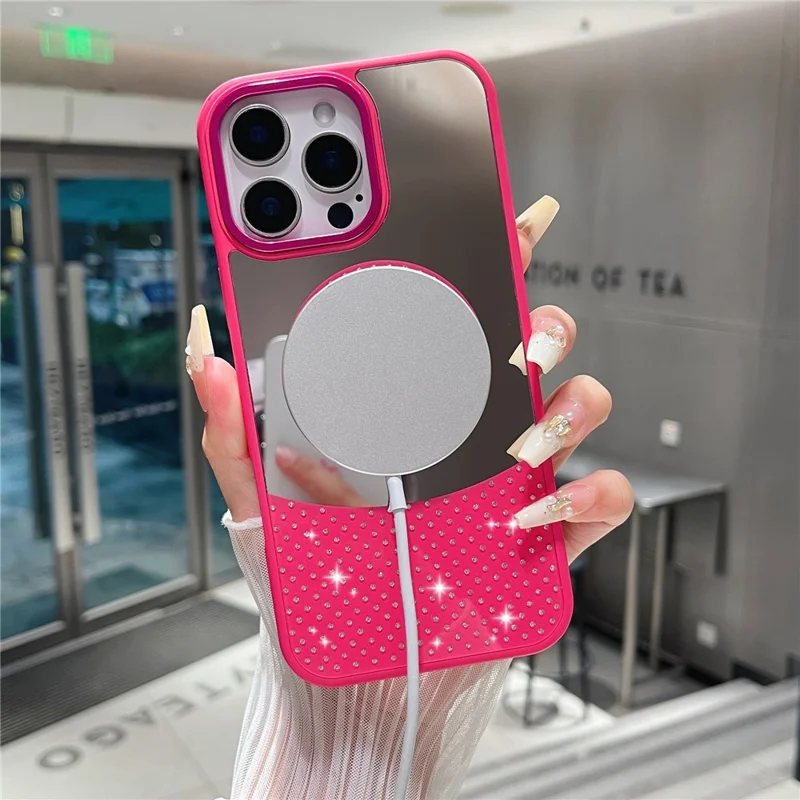 For iPhone 16 Pro Max Magnetic Case Mirror Surface TPU + PC Shockproof Phone Cover - Rose