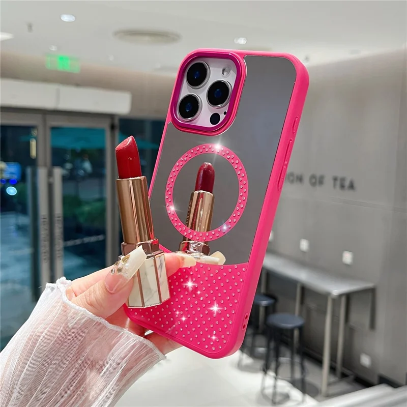 For iPhone 16 Pro Max Magnetic Case Mirror Surface TPU + PC Shockproof Phone Cover - Rose