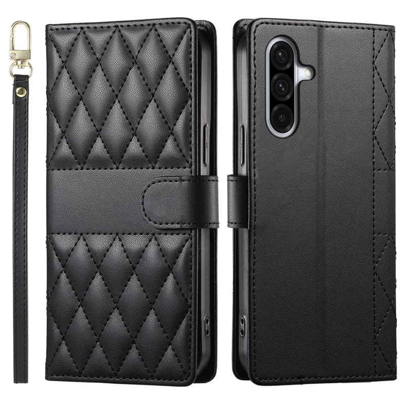 For Samsung Galaxy A56 5G Case Rhombus Stitching Wallet Stand Leather Phone Cover with Long  /  Short Strap - Black