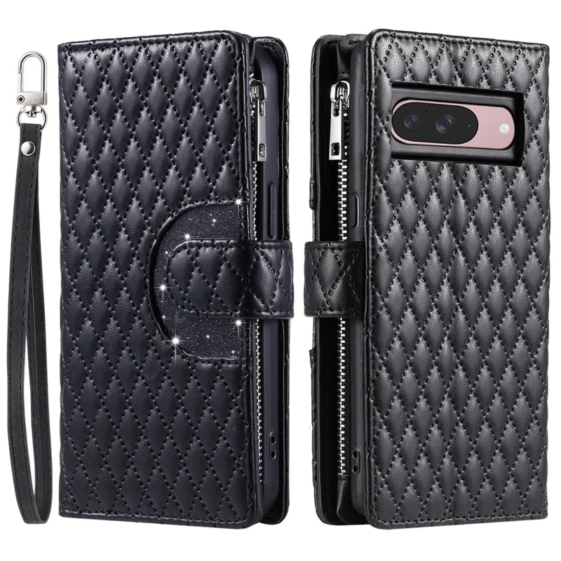 Style 012 for Google Pixel 10 Pro / 10 / 9 Pro / 9 Case Zipper Pocket Glitter Leather Phone Cover - Black