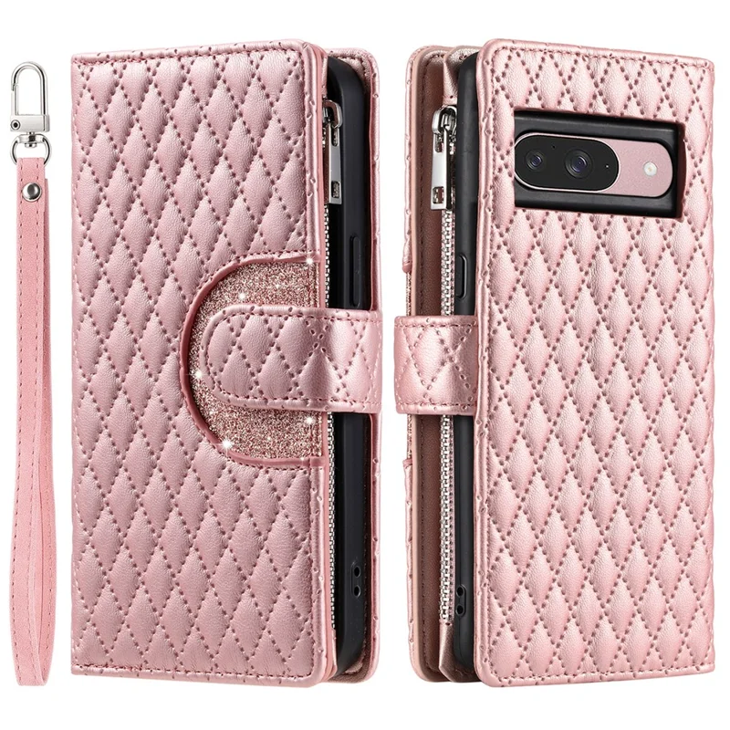 Style 012 for Google Pixel 10 Pro / 10 / 9 Pro / 9 Case Zipper Pocket Glitter Leather Phone Cover - Rose Gold