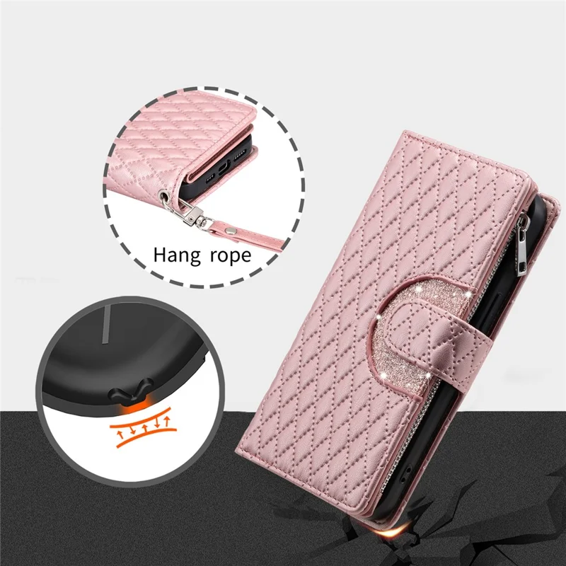 Style 012 for Google Pixel 10 Pro / 10 / 9 Pro / 9 Case Zipper Pocket Glitter Leather Phone Cover - Rose Gold