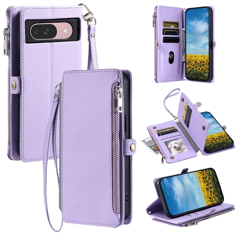 For Google Pixel 10 Pro  /  Pixel 10 Case TPU + PU Leather Wallet Phone Cover with Wrist Strap - Purple