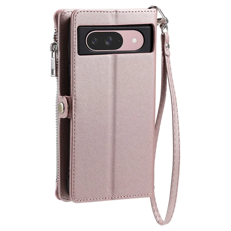 For Google Pixel 10 Pro / 10 / 9 Pro / 9 Case TPU + PU Leather Wallet Phone Cover with Wrist Strap - Rose Gold
