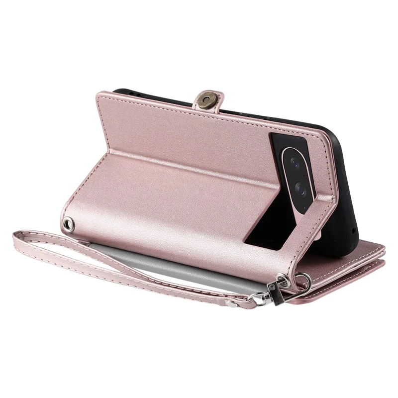 For Google Pixel 10 Pro / 10 / 9 Pro / 9 Case TPU + PU Leather Wallet Phone Cover with Wrist Strap - Rose Gold