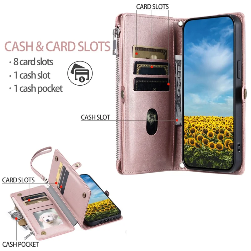 For Google Pixel 10 Pro / 10 / 9 Pro / 9 Case TPU + PU Leather Wallet Phone Cover with Wrist Strap - Rose Gold