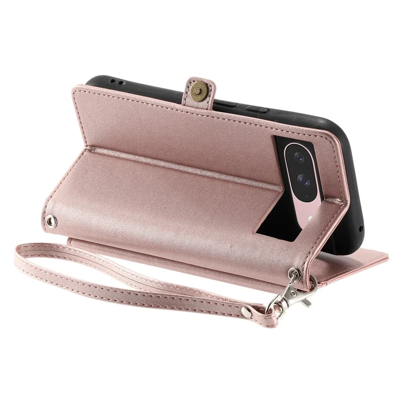 For Google Pixel 10 Pro  /  Pixel 10 Leather Case with Wrist Strap Wallet Stand Phone Cover - Rose Gold