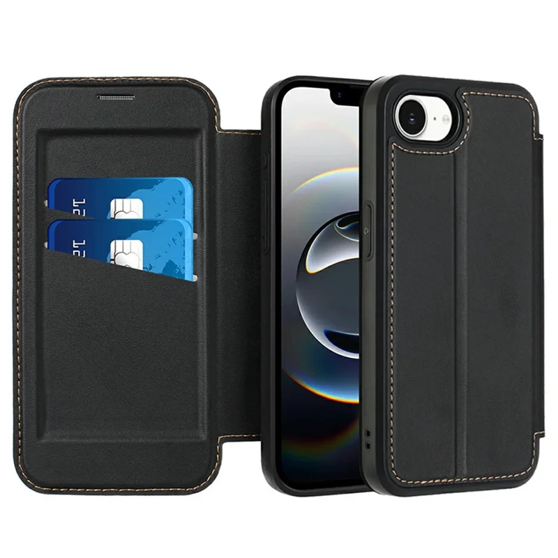 For iPhone 16e Case Magnetic Closure Card Slot Leather Flip Phone Cover - Black