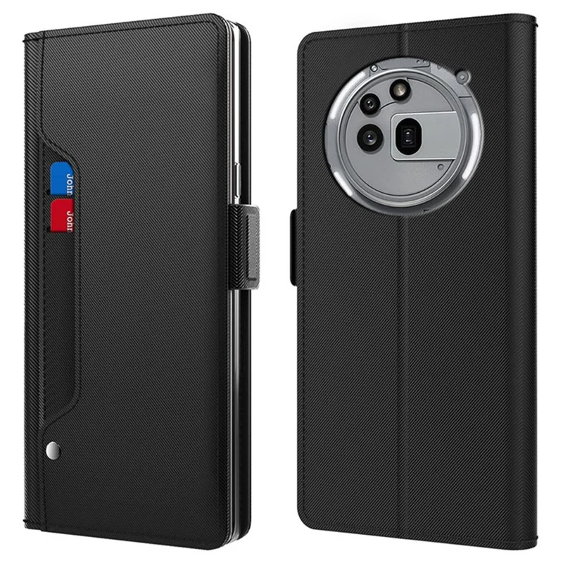 Funda de Cuero PU con Soporte para Nothing Phone (3a) Pro, Portatarjetas y Espejo - Negro