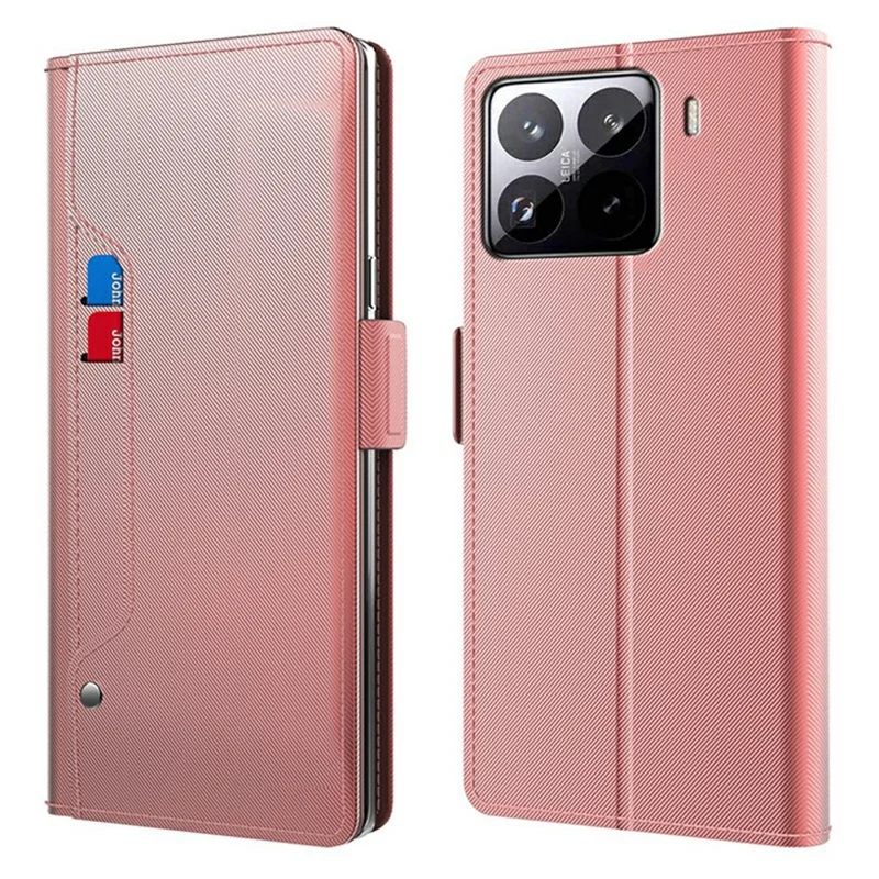 For Xiaomi 15 Case Stand PU Leather Phone Cover Card Holder Mirror - Rose Gold