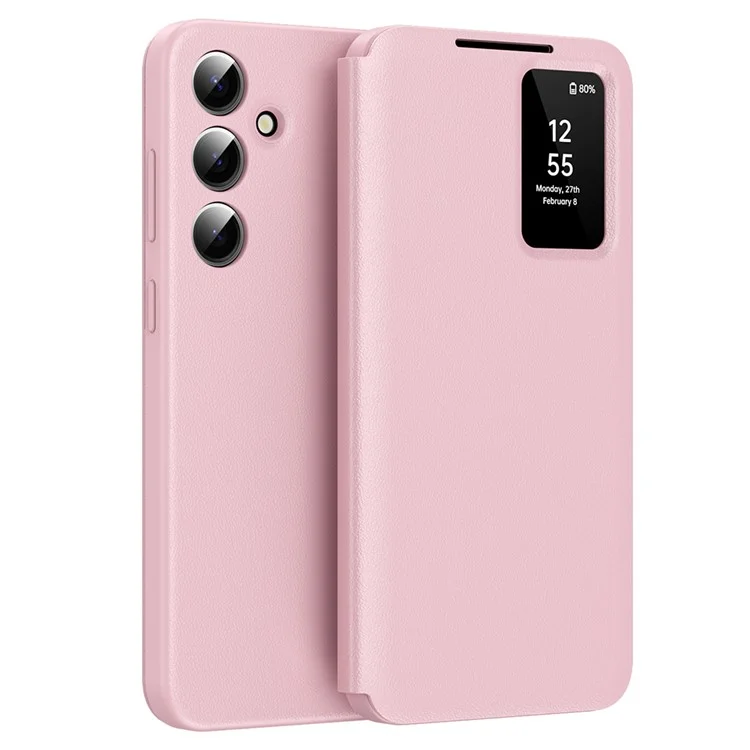 Capa para Samsung Galaxy S23 FE com Porta-Cartões, Janela Smart View e Cobertura de Telefone de Couro - Rosa