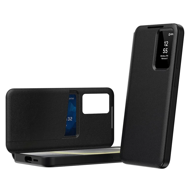 Für Samsung Galaxy S23 FE Hülle mit Kartenhalter Smart View Fenster Lederhülle für Smartphone - Schwarz
