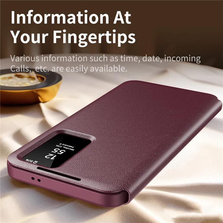 For Samsung Galaxy S23 FE Case with Card Holder Smart View Window Leather Phone Cover - Wine Red