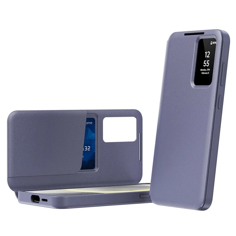 Capa para Samsung Galaxy S23 FE com Porta-cartões, Janela de Visualização Inteligente e Cobertura de Couro para Celular - Cinza Lavanda