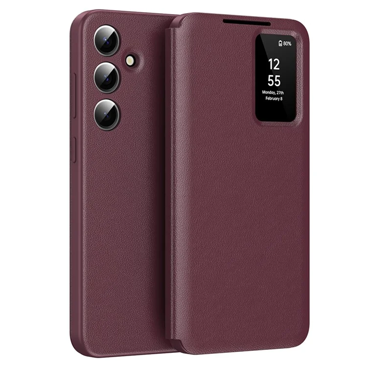 For Samsung Galaxy S24 FE Case with Card Holder Smart View Window Leather Phone Cover - Wine Red