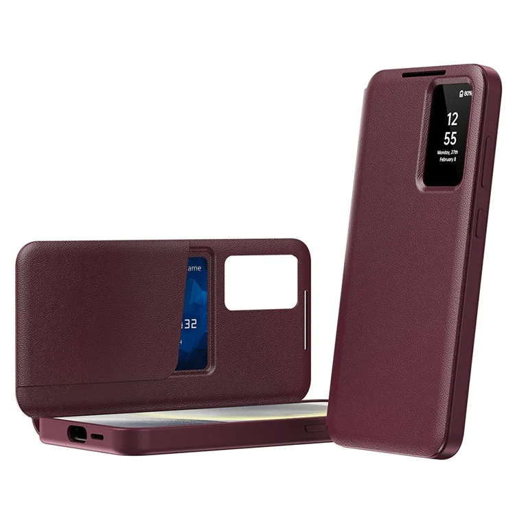 For Samsung Galaxy S24 FE Case with Card Holder Smart View Window Leather Phone Cover - Wine Red