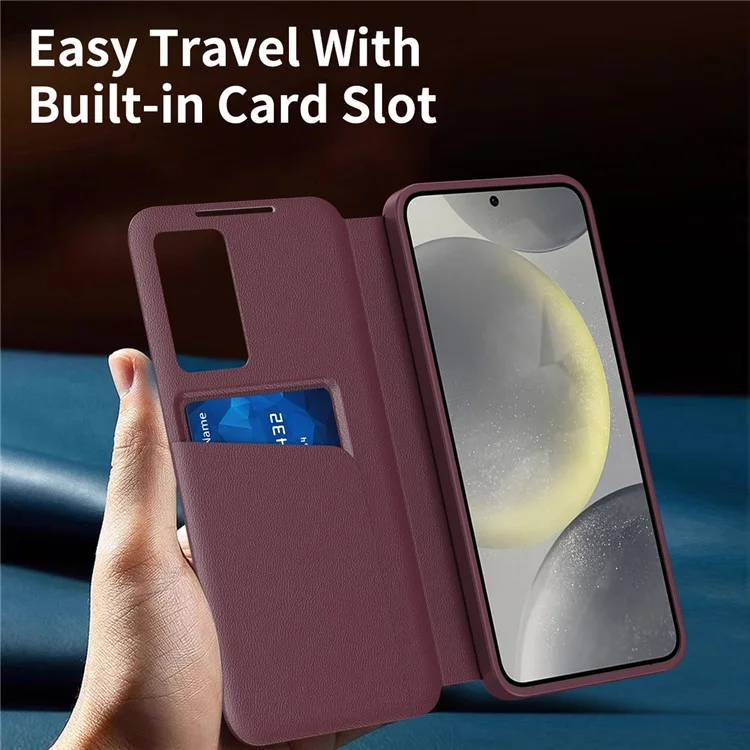 For Samsung Galaxy S24 FE Case with Card Holder Smart View Window Leather Phone Cover - Wine Red