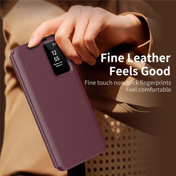 For Samsung Galaxy S24 FE Case with Card Holder Smart View Window Leather Phone Cover - Wine Red