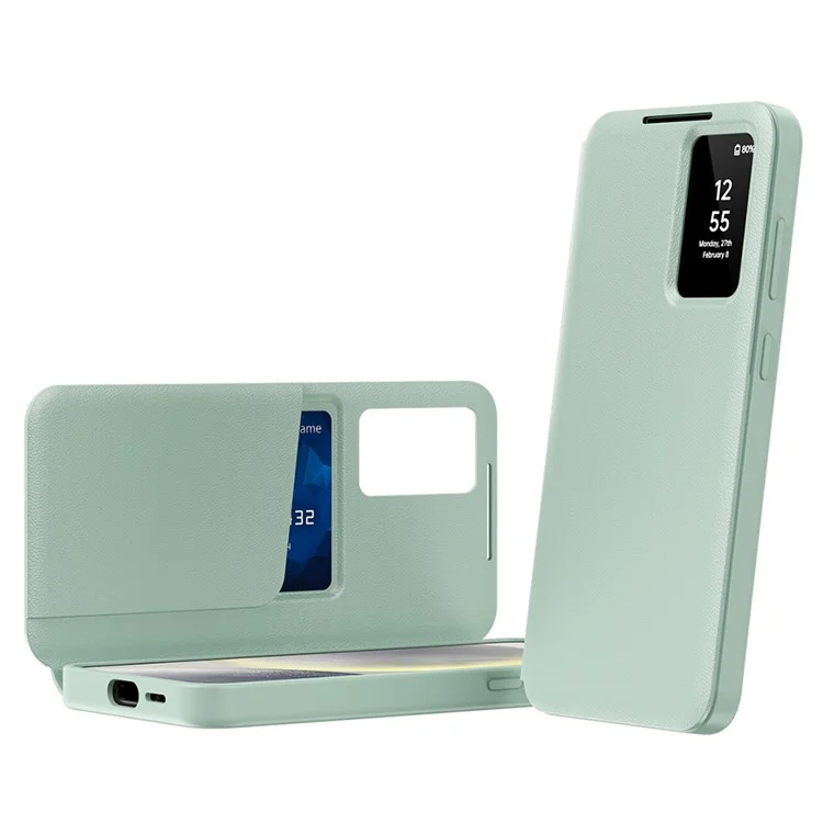 Capa para Samsung Galaxy S24 FE com Porta-Cartões, Janela de Visualização Inteligente e Cobertura de Couro para Celular - Verde